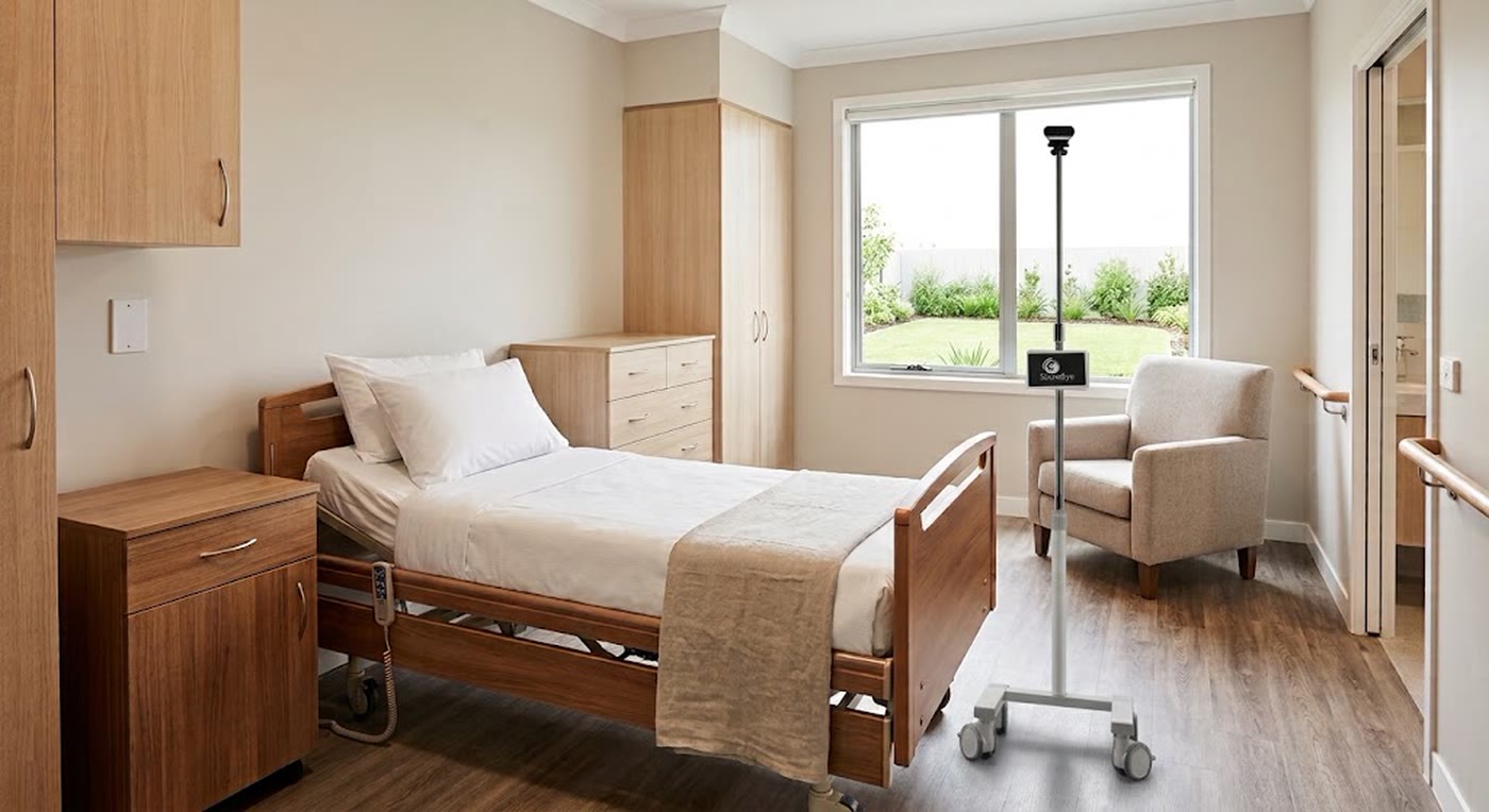 A LASSO unit on a wheeled stand beside a made hospital bed in a care room.