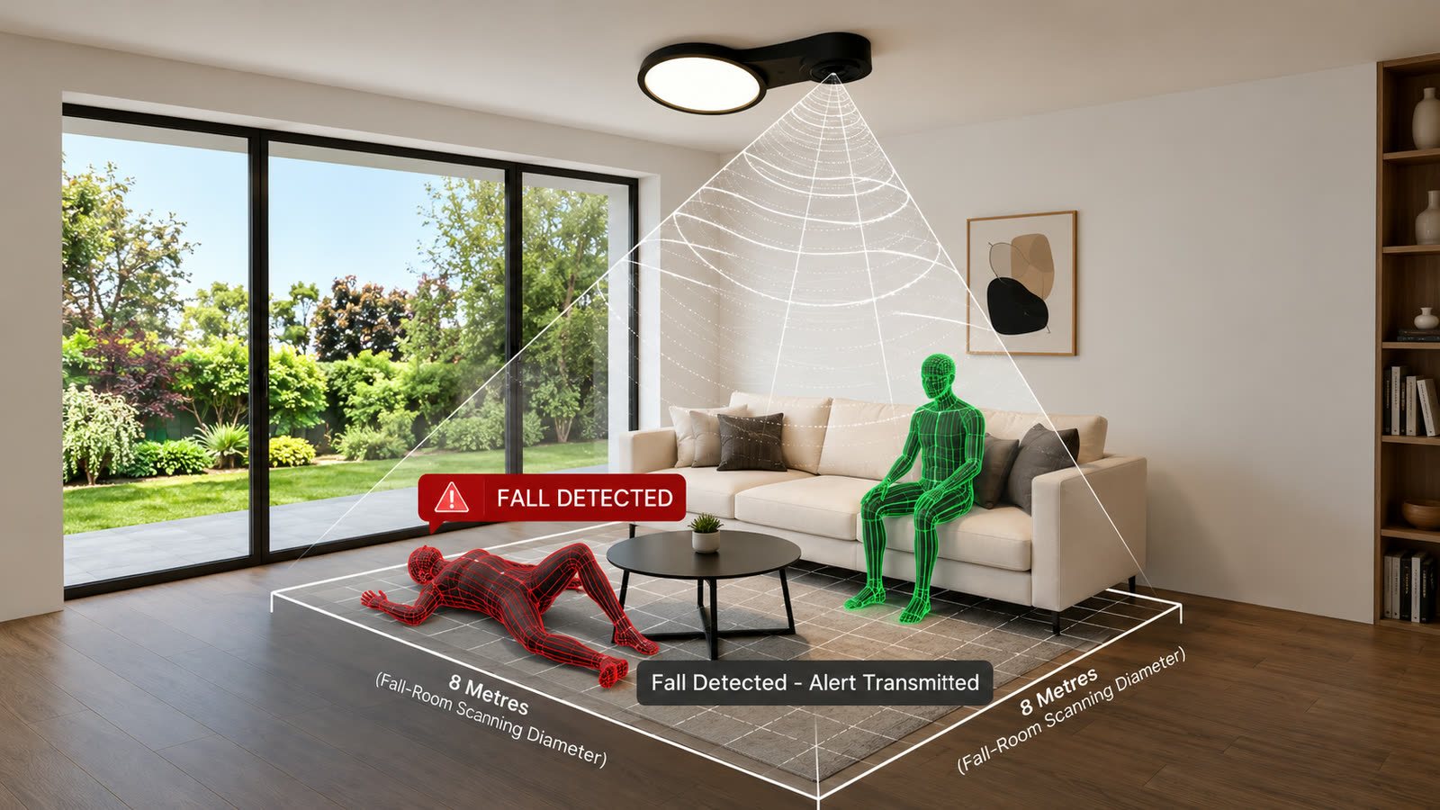 The same living room with LIGHTO's scanning cone drawn over it, a coverage footprint marked on the floor, a seated person and a person on the floor flagged as a detected fall.